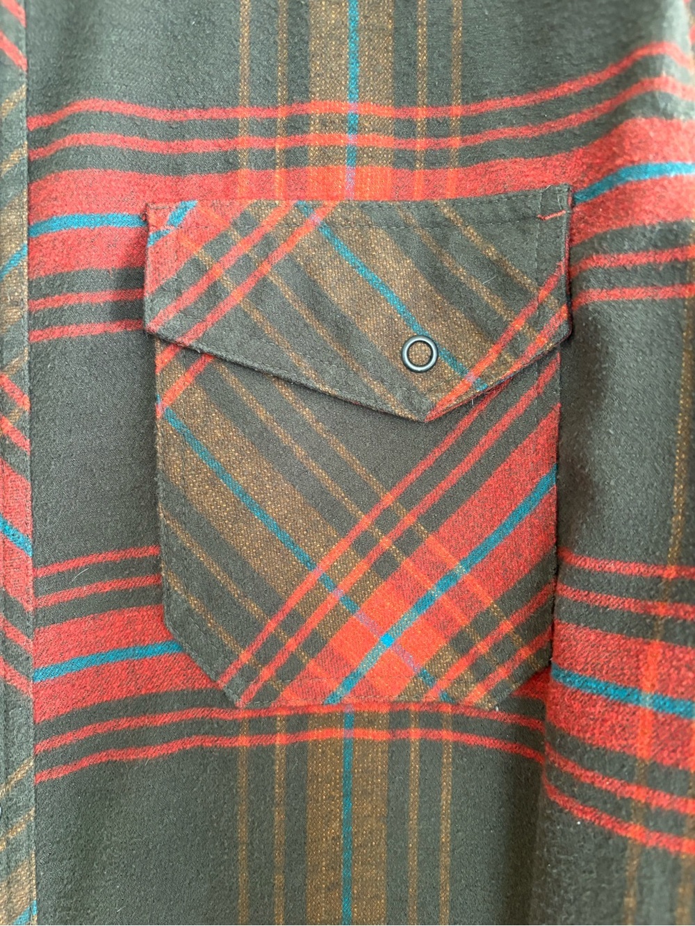 Men's LL Bean Brown Red Plaid Snaps Elbow Patches Wool Blend Shirt Size L - Picture 2 of 9